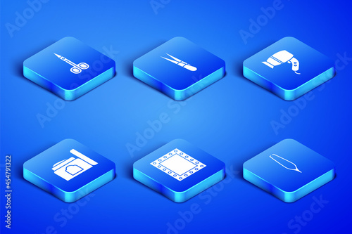 Set Eyebrow tweezers, Scissors, Makeup mirror with lights, Cream cosmetic tube, and Hair dryer icon. Vector