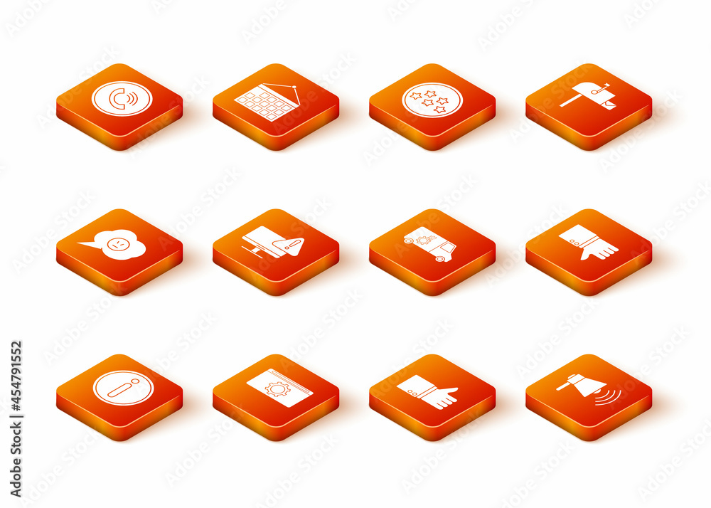 Set Information, Setting, Speech bubble with angry smile, Monitor exclamation mark, Hand thumb up, Car service, Megaphone and Dislike icon. Vector Set Information, Setting, Speech bubble with angry smile, Monitor exclamation mark, Hand thumb up, Car service, Megaphone and Dislike icon. Vector