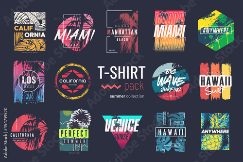 Collection of fourteen colorful vector t-shirt summer designs, prints, illustrations
