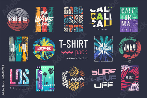 Collection of fourteen colorful vector t-shirt summer designs, prints, illustrations