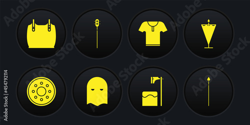 Set Round wooden shield, Medieval flag, Executioner mask, axe in tree block, Body armor, chained mace ball, spear and icon. Vector