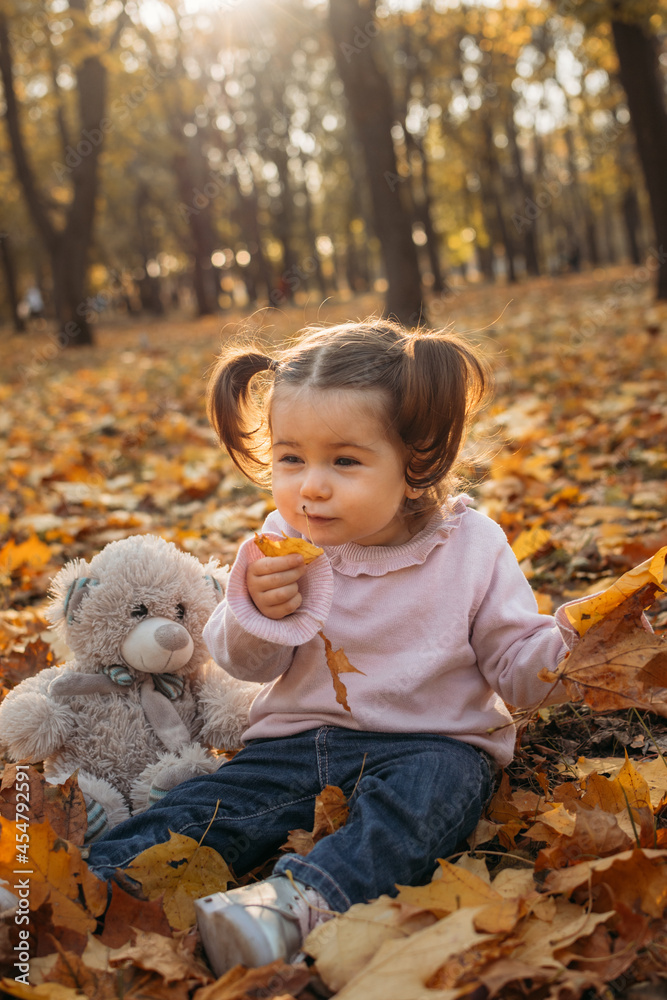 Cute toddler baby girl with soft toy playing outdoors in fall park. Little girl in the autumn park. Fall activities for toddlers. Cute toddler baby girl with soft toy playing outdoors in fall park. Little girl in the autumn park. Fall activities for toddlers.