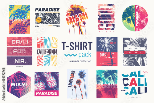 Collection of fourteen colorful vector t-shirt summer designs, prints, illustrations