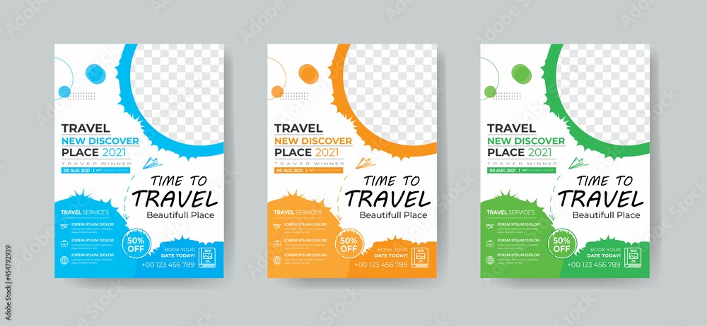 Travel Flyer Template Layout with 3 Colorful Accents and Grayscale Elements Travel Flyer Template Layout with 3 Colorful Accents and Grayscale Elements