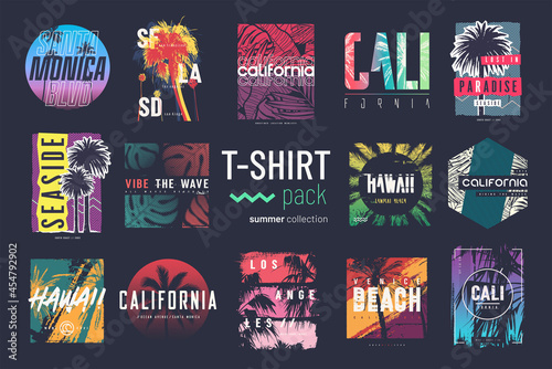 Collection of fourteen colorful vector t-shirt summer designs, prints, illustrations