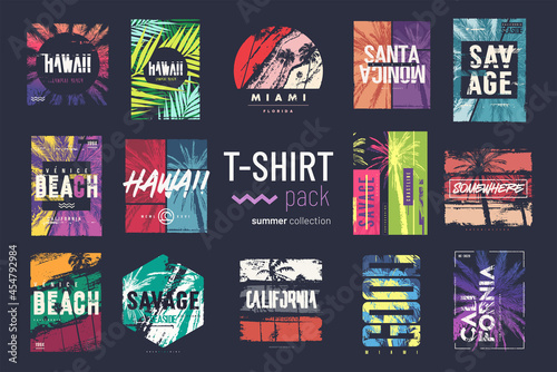 Collection of fourteen colorful vector t-shirt summer designs, prints, illustrations