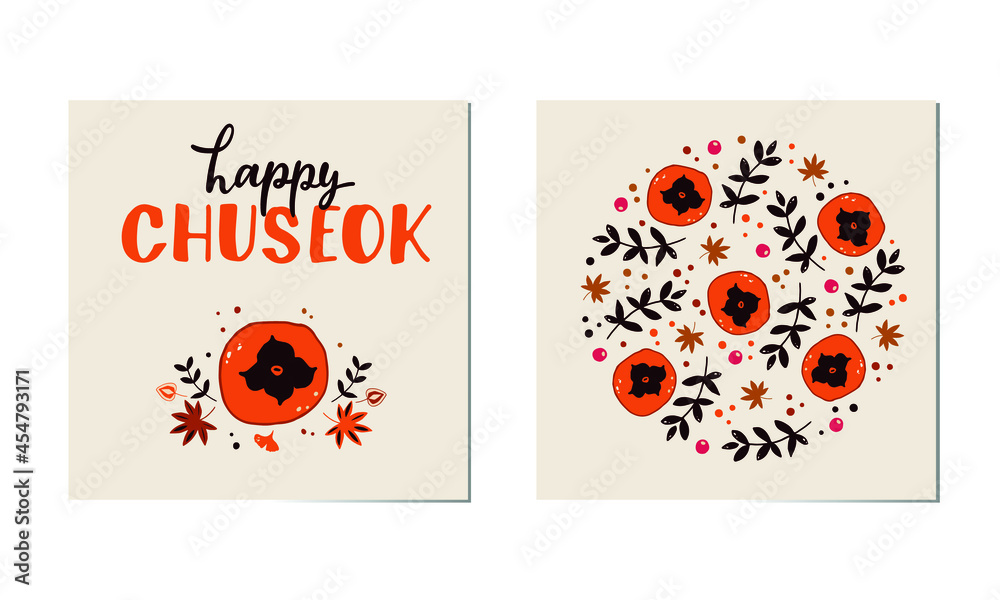Obraz premium Happy Chuseok set of greeting card for Korean Harvest Festival, thanksgiving day isolated on white background. Hand lettering. Doodle style vector illustration of maple leaf, persimmon, leaves