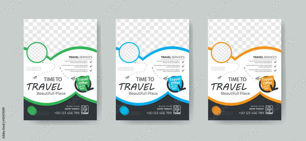 Travel Flyer Template Layout with 3 Colorful Accents and Grayscale Elements