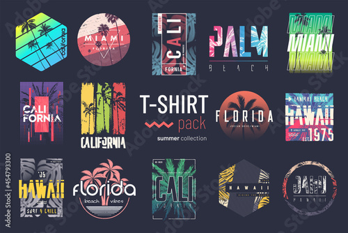 Collection of fourteen colorful vector t-shirt summer designs, prints, illustrations