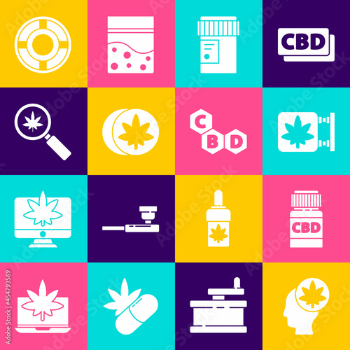 Set Head with marijuana or cannabis, Medical bottle, Marijuana and store, Herbal ecstasy tablets, Magnifying glass, Ashtray and Cannabis molecule icon. Vector