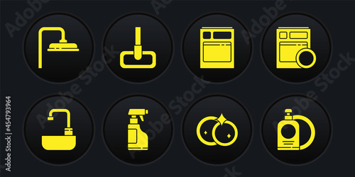 Set Washbasin with water tap, Kitchen dishwasher machine, Spray bottle detergent liquid, Washing dishes, Mop, Dishwashing and plate and Shower head icon. Vector