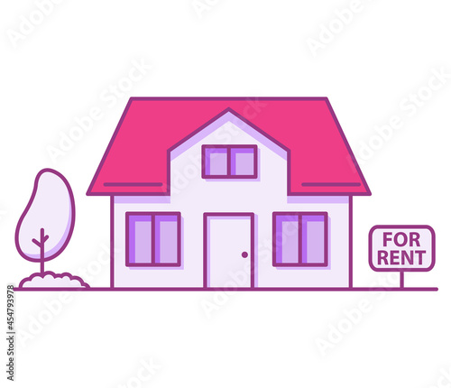 Suburban house for rent. Renting of real estate.Line art vector illustration.Isolated on white background.The facade of the house.