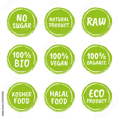 organic product icons, natural food labels, healthy tags for vegans