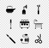 Set Bedpan, Medical oxygen mask, otoscope tool, surgery scalpel, Blood pressure, scissors, Pipette and Test tube and flask icon. Vector