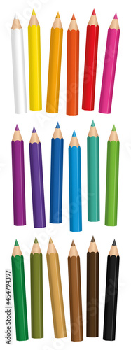 Short crayons - colorful small pencil set, loosely arranged - isolated vector illustration on white background.
