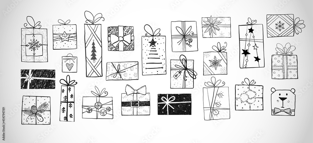 Doodle christmas gift boxes on white background.