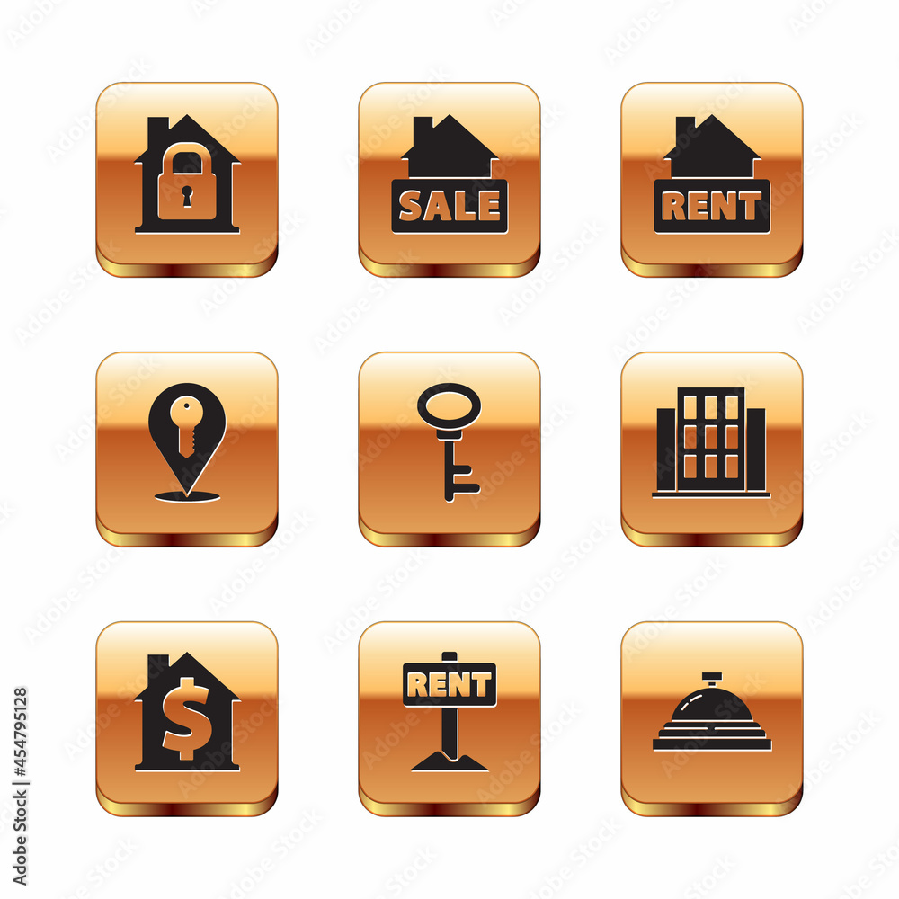 Set House under protection, with dollar symbol, Hanging sign Rent, key, Location, Hotel service bell and Sale icon. Vector Set House under protection, with dollar symbol, Hanging sign Rent, key, Location, Hotel service bell and Sale icon. Vector