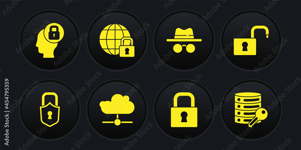 Set Lock, Open padlock, Network cloud connection, Incognito mode, Global lockdown, Server security with key and Human head icon. Vector Set Lock, Open padlock, Network cloud connection, Incognito mode, Global lockdown, Server security with key and Human head icon. Vector