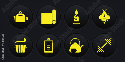 Set Sauna bucket and ladle, Bee, Clipboard with checklist, Teapot cup, Aroma candle, Fitness mat roll, Dumbbell and Kettle handle icon. Vector