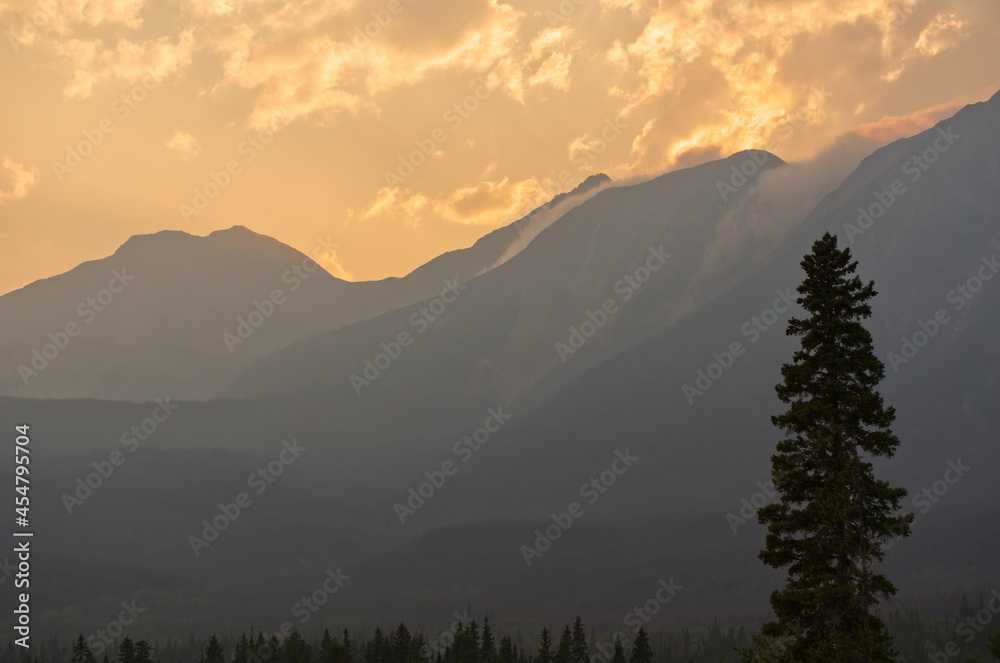 A Hazy Sunset at Jasper National Park