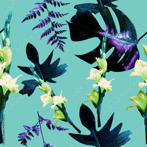 Seamless  tropical flower, plant and leaf pattern background, botanical style. Stylish flowers