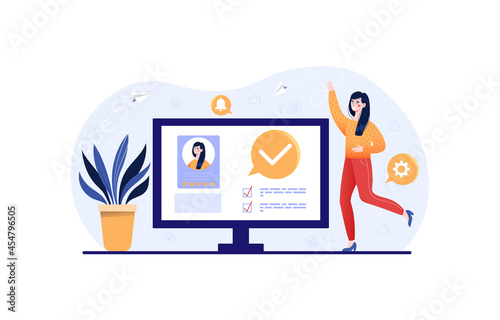 Happy female character is receiving approval on the computer monitor after finishing business task. Concept of remote or distant job, telecommuting, well done job. Flat cartoon vector illustration