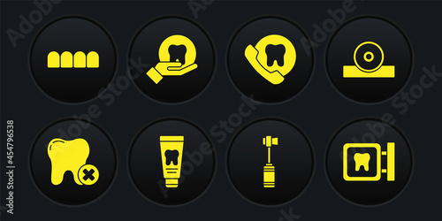 Set Tooth with caries, Otolaryngological head reflector, Tube of toothpaste, Toothbrush, Online dental care, Dental clinic location and Dentures model icon. Vector