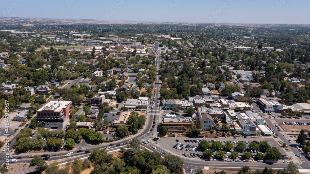 Daytime aerial view of historic downtown Folsom, California, USA.
