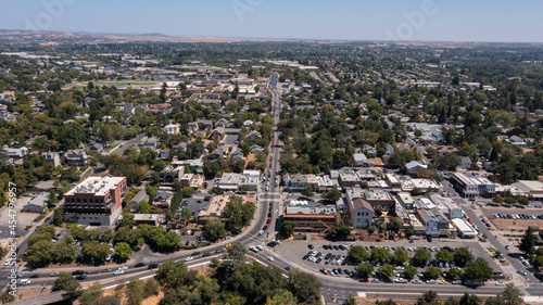 Daytime aerial view of historic downtown Folsom, California, USA.