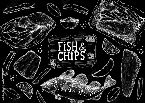 Fish and chips sketch vector illustration. British pub food. Hand drawn sketch. Cooking fish and chips. Engraved hand drawn vintage image. Menu design template