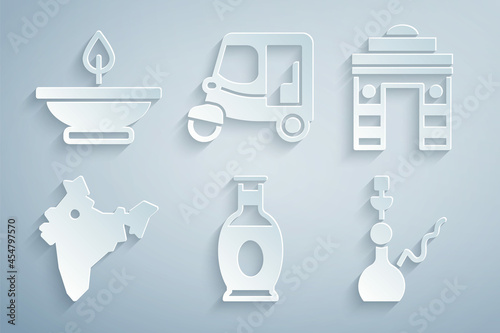 Set Indian vase, Gate in Delhi, map, Hookah, Taxi tuk tuk and Aroma lamp icon. Vector