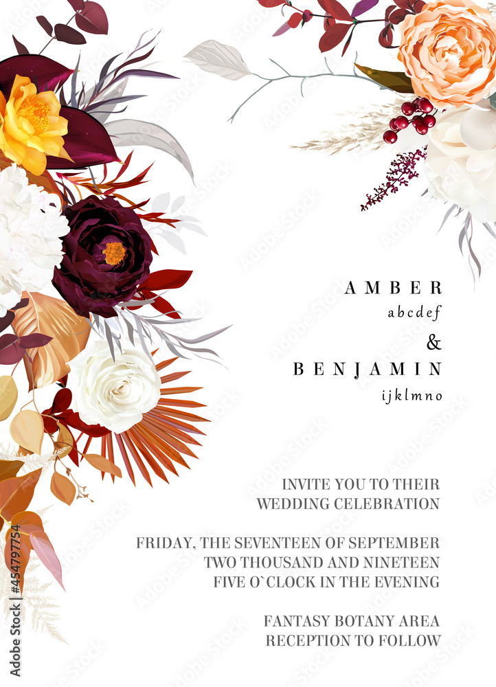 Rust Orange Beige White Rose Burgundy Anthurium Flower Dahlia Pampas Grass Fern Stock ベクター Adobe Stock