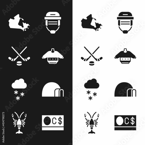 Set Christmas sweater, Ice hockey sticks and puck, Canada map, Hockey helmet, Cloud with snow, Igloo ice house, Canadian dollar and Lobster icon. Vector