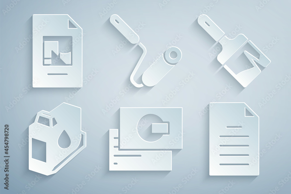 Set Business card, Paint brush, Printer ink cartridge, File document, roller and icon. Vector Set Business card, Paint brush, Printer ink cartridge, File document, roller and icon. Vector