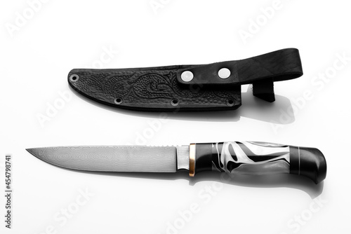 Handmade beautiful hunting knife with a sharp gray blade