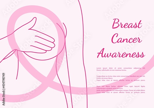 Breast Self-Exams line icon. Breast health. Breast cancer. Pink ribbon. Silhouette icon. Timely breast examination. Health care. National Breast Cancer Awareness. Health-care poster or banner template