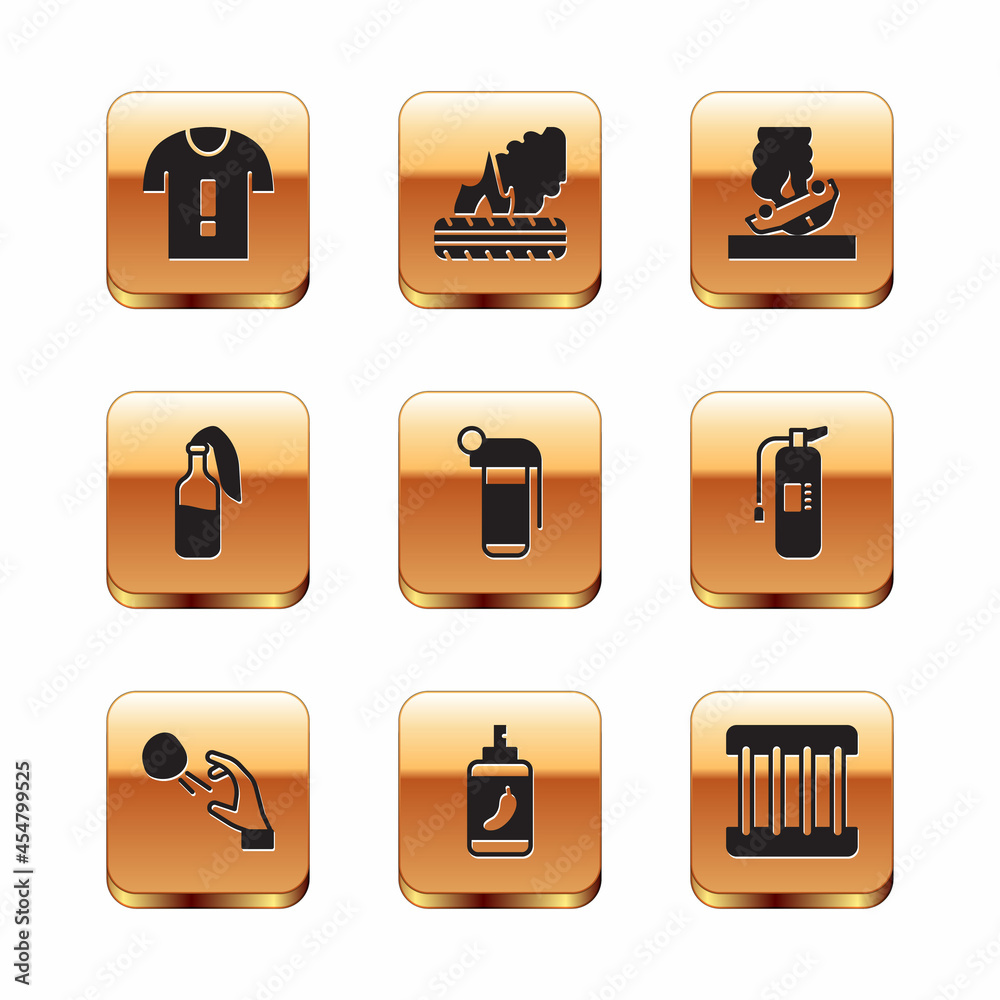 Set T-shirt protest, Hooligan shooting stones, Pepper spray, Hand grenade, Cocktail molotov, Burning car, Prison window and Lying burning tires icon. Vector Set T-shirt protest, Hooligan shooting stones, Pepper spray, Hand grenade, Cocktail molotov, Burning car, Prison window and Lying burning tires icon. Vector