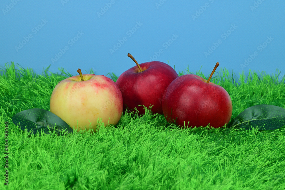 Several red-green apples on green artificial grass. Several leaves are sticking out of the grass Several red-green apples on green artificial grass. Several leaves are sticking out of the grass