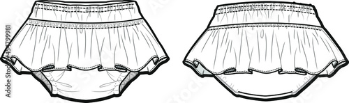 Baby girls ruffle bloomers front and back view flat sketch vector illustration 