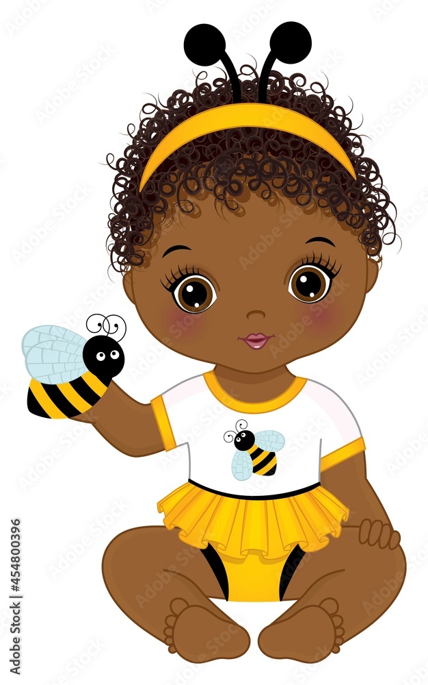 Cute Black Baby Girl Wearing Bee Antenna Headband and Holding Bee. Vector Black Baby Girl with