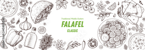 Falafel cooking and ingredients for falafel, sketch illustration. Middle eastern cuisine frame. Street food, design elements. Hand drawn, menu and package design. Vegan food