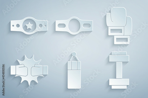 Set Punching bag, Boxing glove, boxing gloves, Dumbbell, belt and icon. Vector