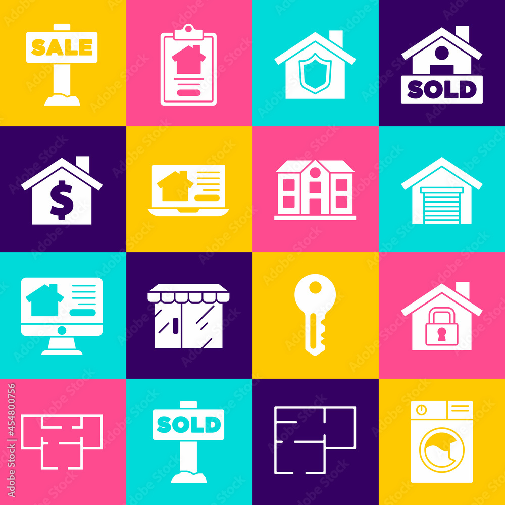 Set Washer, House under protection, Garage, with shield, Online real estate house, dollar symbol, Hanging sign Sale and icon. Vector Set Washer, House under protection, Garage, with shield, Online real estate house, dollar symbol, Hanging sign Sale and icon. Vector
