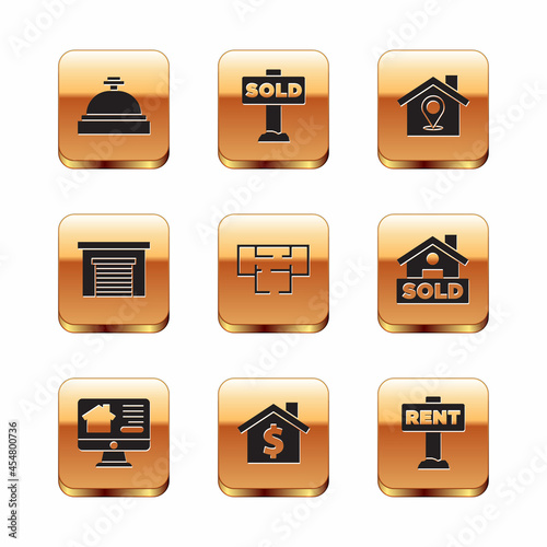 Set Hotel service bell, Online real estate house, House with dollar symbol, plan, Garage, Location, Hanging sign Rent and text Sold icon. Vector