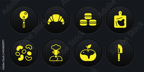 Set Jelly candy, Cutting board, Cook, Apple caramel, Macaron cookie, Croissant, Knife and Lollipop icon. Vector