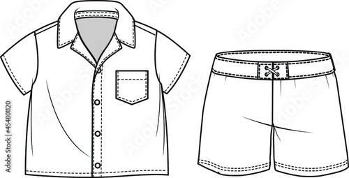 boys short sleeve cuban collar shirt and shorts resort wear set toddler button shirt and fashion shorts summer outfit flat sketch vector illustration