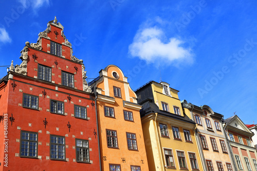 Low angle view of old buildings raised during the 17th century at the Stortorget square in the Stockholm Old town district.