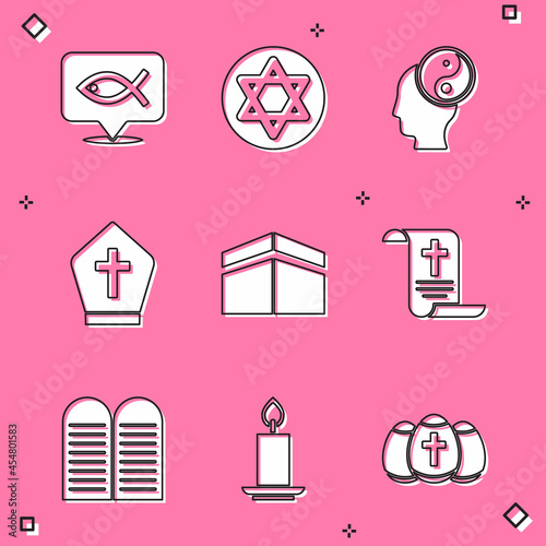 Set Christian fish, Star of David, Yin Yang, Pope hat, Kaaba mosque, Decree, paper, parchment, scroll, The commandments and Burning candle icon. Vector
