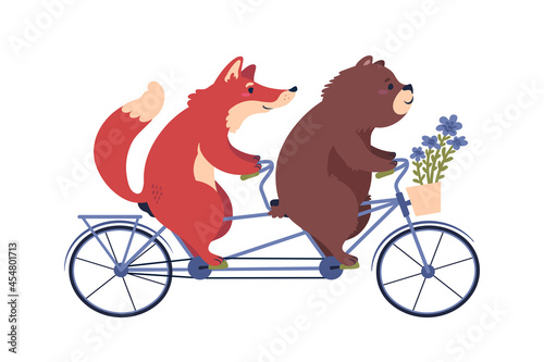 Cat and dog on a tandem bike. Cute cartoon characters.