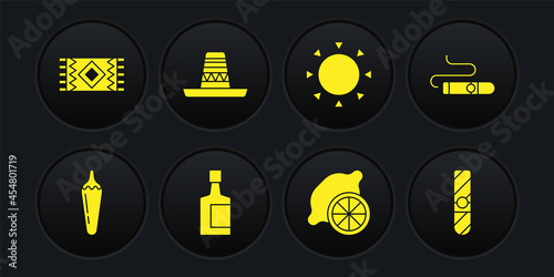 Set Hot chili pepper pod, Cigar, Tequila bottle, Lemon, Sun, Mexican sombrero, and carpet icon. Vector